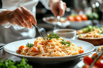 A person is putting food on a plate, and the plate has pasta with parsley on top