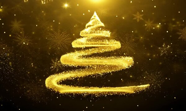 Glowing golden spiral with stars forming a festive christmas tree on dark background with sparkling snowflakes