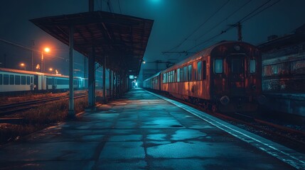 An empty train station platform at night, a train is parked with its lights off. - Powered by Adobe