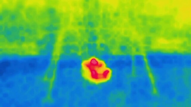 A man on a swing. View from side. Image from thermal imager device.