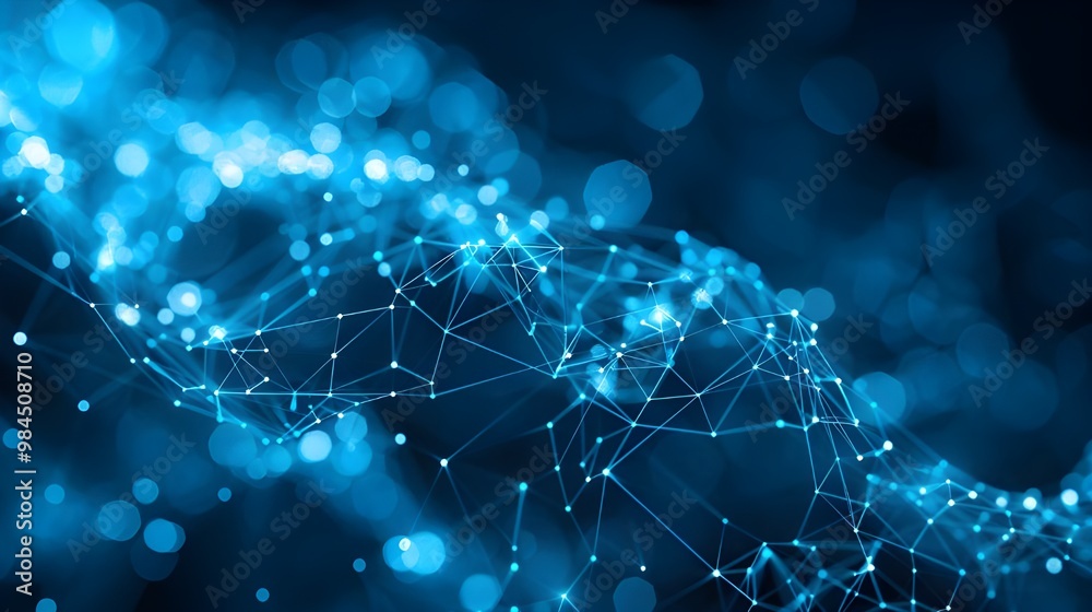 Poster Abstract blue background with dots and lines. Network connection structure. 3d rendering - Generated AI