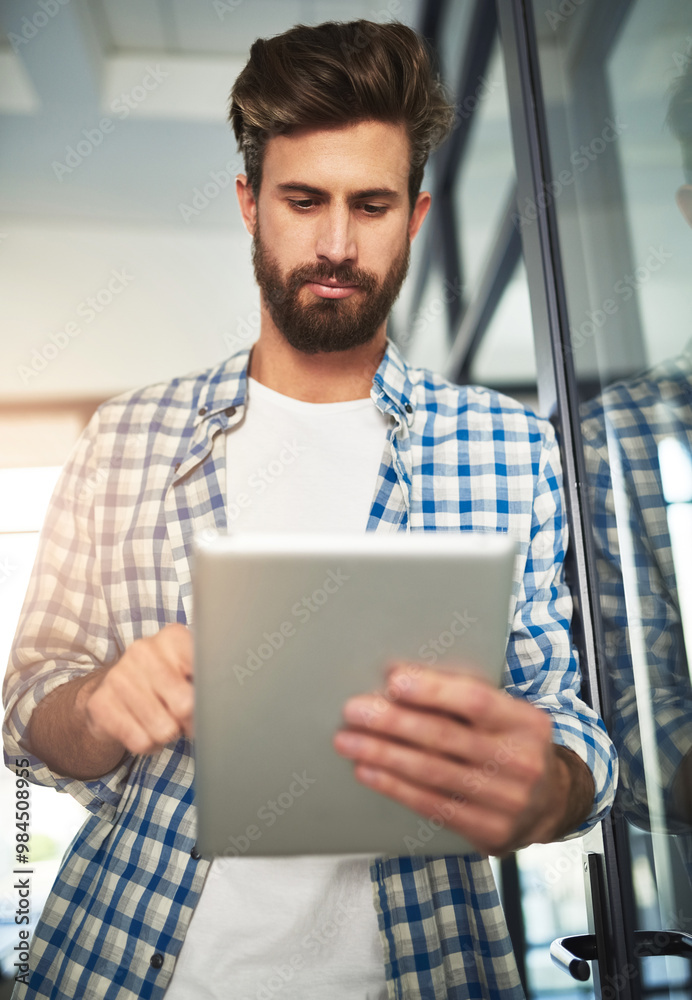 Poster office, businessman and scroll with tablet for software, company page and productivity with technolo