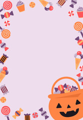 Fototapeta premium Halloween trick or treat poster template. Greeting cards, party invitation, advertisement, Banner with cute cartoon pumpkin basket, sweets and candy. 