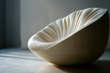 Empty white armchair with an organic shape standing on a concrete floor