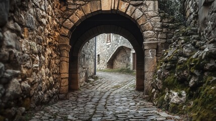 Fototapeta premium An ancient stone archway leads to an old medieval city. A cobblestone path winds through the gate, creating a dark and mysterious atmosphere. 