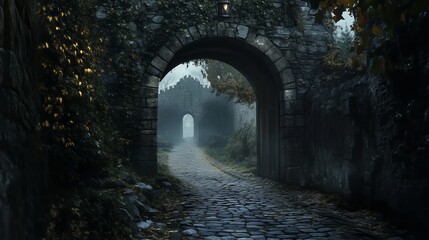 Obraz premium An ancient stone archway leads to an old medieval city. A cobblestone path winds through the gate, creating a dark and mysterious atmosphere. 