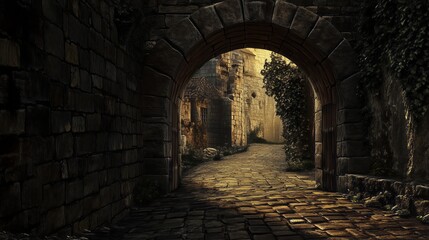 An ancient stone archway leads to an old medieval city. A cobblestone path winds through the gate, creating a dark and mysterious atmosphere. 
