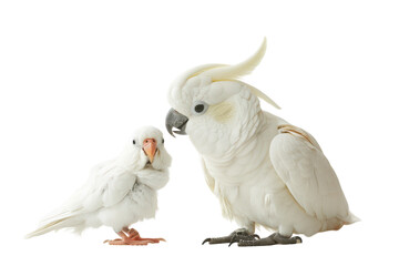 Obraz premium A white cockatoo and a small bird perched together on a light background, showcasing their unique and charming features on transparent background