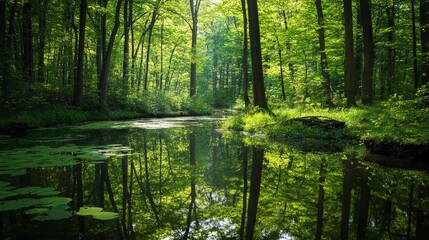 Naklejka premium Serene Woodland Reflections, tranquil moments amidst vibrant greenery, sunlight dances through trees, evoking peace and introspection during nature walks.
