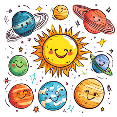 graphics of space, planets, and astronauts on a white background.