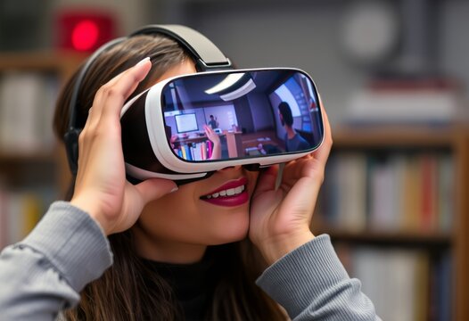 Woman with VR for Education Educational content reflected in gla