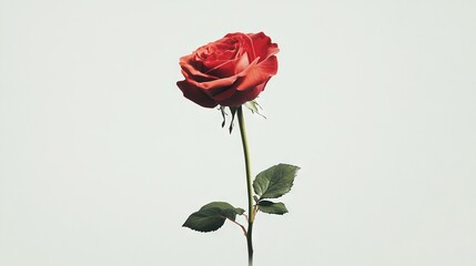 Obraz premium A single, red rose atop a green stem against a white background, with only one stem visible in the foreground