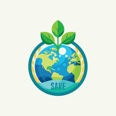 Trendy Mascot of Earth Globe with Leaves Vector Logo Icon Design