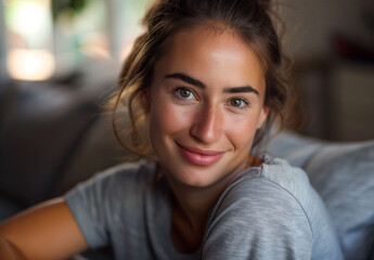 Close-Up Portrait of a Woman with a Beautiful Smile Relaxing on Couch in Natural Light