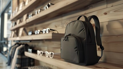 A mockup of a 3D-empty black bag shown on a Minamalis retail rackA rack in the Minamalis store has a mock-up of white 3D spectacles, Generative AI.