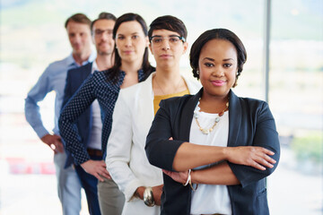Business people, smile and portrait with arms crossed in row with woman leading teamwork and...