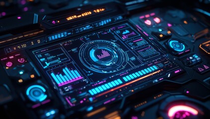 Graphs, charts, and other data visualizations are provided in a highly detailed and futuristic user interface.