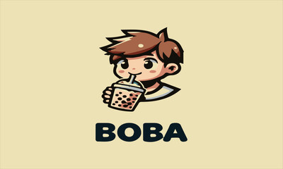 Cartoon boy enjoying boba tea; perfect for bubble tea shops, kidfriendly designs, vektor, baground, logo, beverage concepts, childrens menus, food blogs
