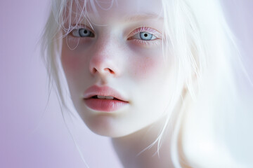Fototapeta premium Albino woman with white hair and delicate features poses on a light purple background