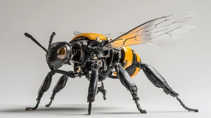 Fototapeta premium Bee robot descending with mechanical wings in full extension, legs prepared to land.