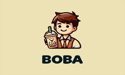 Cartoon boy enjoying boba tea; perfect for bubble tea shops, kidfriendly designs, vektor, baground, logo, beverage concepts, childrens menus, food blogs