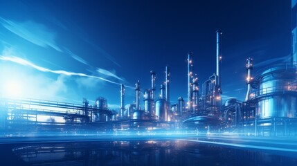 Fototapeta premium Steel long pipes in crude oil factory during sunset. Neural network ai generated art