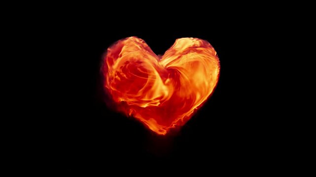 3D animation of red flames transforming into a heart shape. With alpha channel. The movement of the flames transforms into a heart shape.