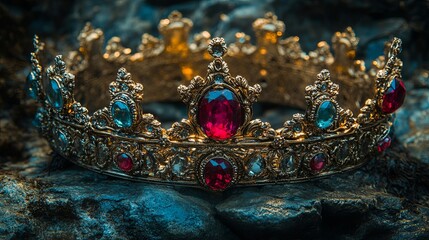 Obraz premium An Ornate Gold Crown Embellished With Red and Blue Gemstones Resting Upon Rough Stone