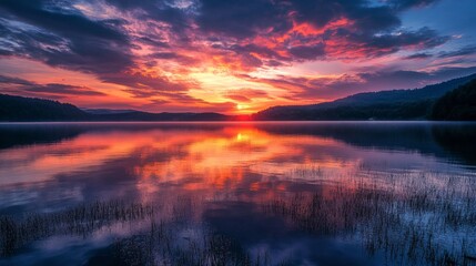 Fototapeta premium Serene Sunset Reflections, tranquil lakes mirror vibrant colors of dusk, enchanting scenes perfect for nature lovers and those seeking peaceful outdoor moments