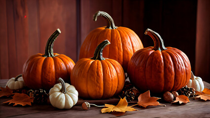 Fall Harvest with Ripe Pumpkins and Seasonal Decor: A cozy arrangement of bright orange pumpkins that symbolizes the festive spirit of Halloween and Thanksgiving day