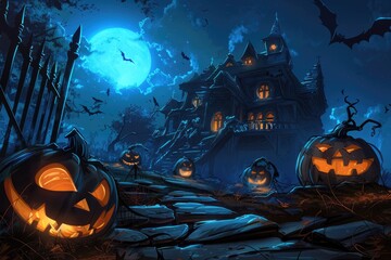 Spooky Halloween House with Jack-o'-Lanterns and Flying Bats Under a Blue Moon