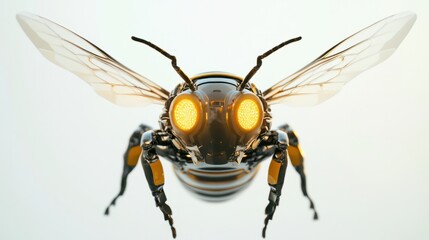 Fototapeta premium Bee robot with glowing LED eyes, wings open wide, hovering against a stark white background.
