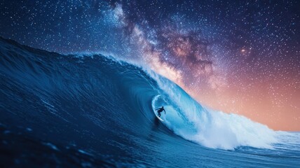 Fototapeta premium A mesmerizing surf scene under a starry sky, showcasing the beauty of nature and adventure in perfect harmony.