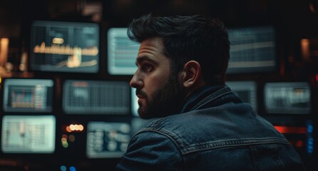 An intelligent Hispanic male analyzes an interface in a tech workspace