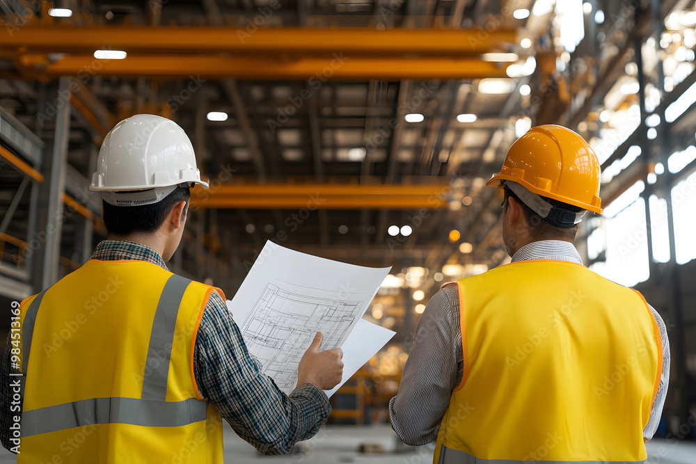 Wall mural two japanese industrial workers examining a blueprint | collaborative engineering and precision plan