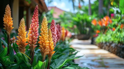 Obraz premium Colorful ginger flowers used as decor in a tropical resort, adding to the island aesthetic.