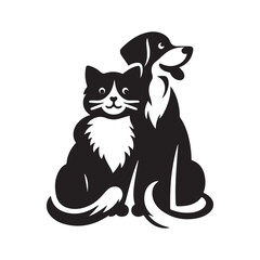 Cat and dog friendship simple logo icon silhouette vector with white background