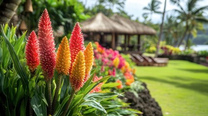 Fototapeta premium Colorful ginger flowers used as decor in a tropical resort, adding to the island aesthetic.