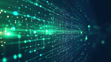 Abstract digital background with glowing particles and lines representing data flow.