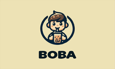 Cartoon boy enjoying boba tea; perfect for bubble tea shops, kidfriendly designs, vektor, baground, logo, beverage concepts, childrens menus, food blogs