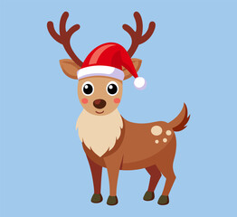 Fototapeta premium Cartoon reindeer in Santa Claus hat, vector illustration