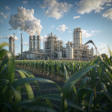 Ethyl alcohol and ethanol factory, renewable energy production from sugar cane, sugar cane plantation in front of a sustainable factory