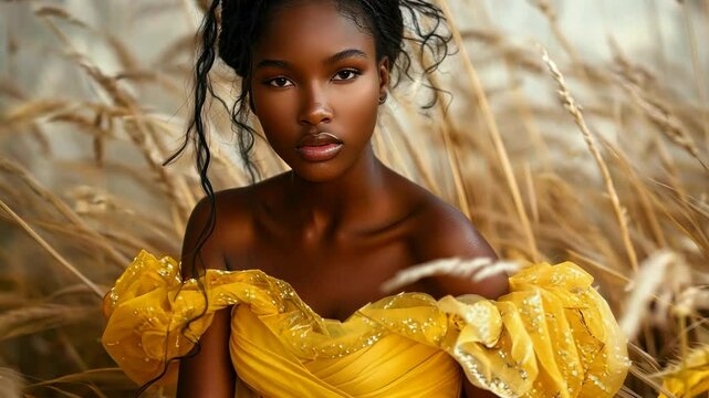 Elegant fashion showcase featuring a model in a vibrant yellow gown on a textured backdrop