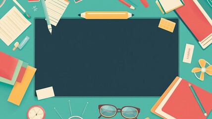 A vibrant vector background with school-themed elements such as books, pencils, rulers, and notebooks, arranged around the edges, leaving space in the center for text