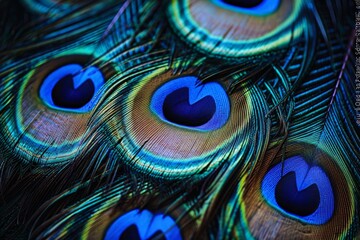 Obraz premium Closeup of iridescent blue and green peacock feathers creating a natural textured background