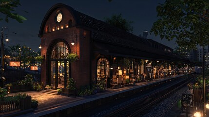 Fototapeta premium A vintage train station converted into a boutique mall with a dark terracotta exterior, featuring artisan shops and eateries, set in a lively urban area