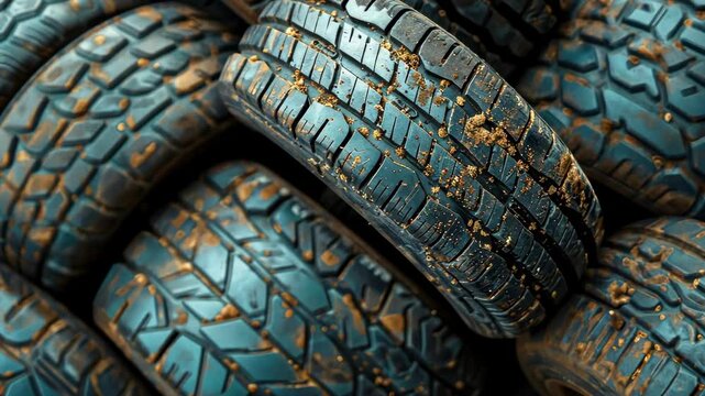 Close up examination of rugged tire tread revealing wear patterns and dirt in outdoor environment