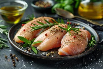 Raw chicken breast seasoned and ready to be cooked