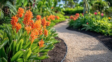 Orange ginger flowers planted alongside a garden path, adding bursts of color to the landscape.