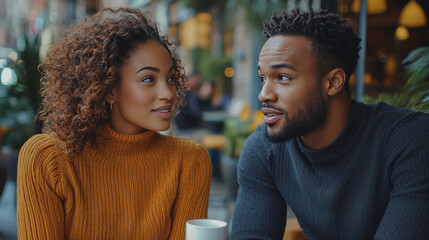 Fototapeta premium A young Black woman and man share a smile while having a conversation outdoors.